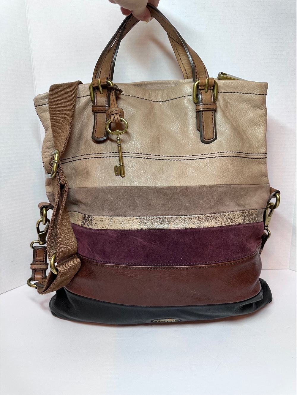 Fossil Explorer Neutral Colors Leather and Suede Foldover Tote/Crossbody Bag
